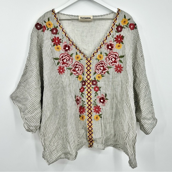 Savanna Jane Floral Embroidered Cotton Boxy Relaxed Striped Pullover Top Size 3X - Picture 2 of 8